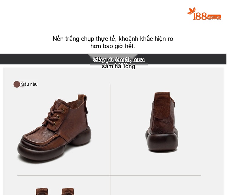 Giày Boot Nữ Cao Cổ Da Bò Buộc Dây Phong Cách Retro Chiều Cao Đế Khoảng 5cm Màu Nâu, Đen chi tiết 14