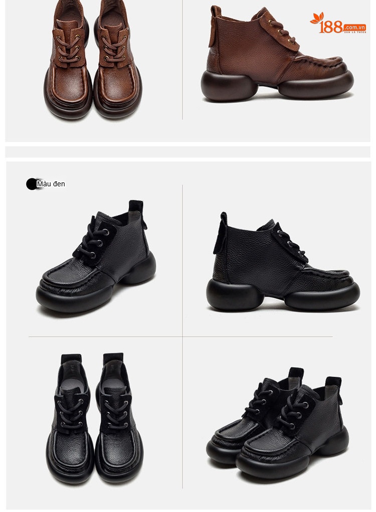 Giày Boot Nữ Cao Cổ Da Bò Buộc Dây Phong Cách Retro Chiều Cao Đế Khoảng 5cm Màu Nâu, Đen chi tiết 15