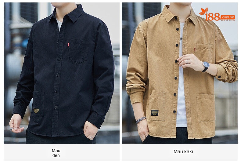 Áo Sơ Mi Tay Dài Nam Cotton Dáng Rộng Phong Cách Hồng Kông Màu Be, Xanh, Nâu, Đen chi tiết 10