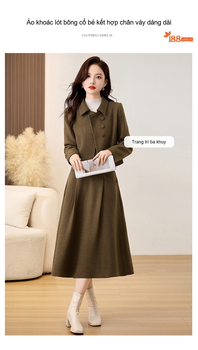 Set Áo Khoác Lửng Tay Dài Vải Flanel Chần Bông Và Chân Váy Midi Phong Cách Tiểu Thư Màu Nâu Đỏ, Xanh Rêu chi tiết 8