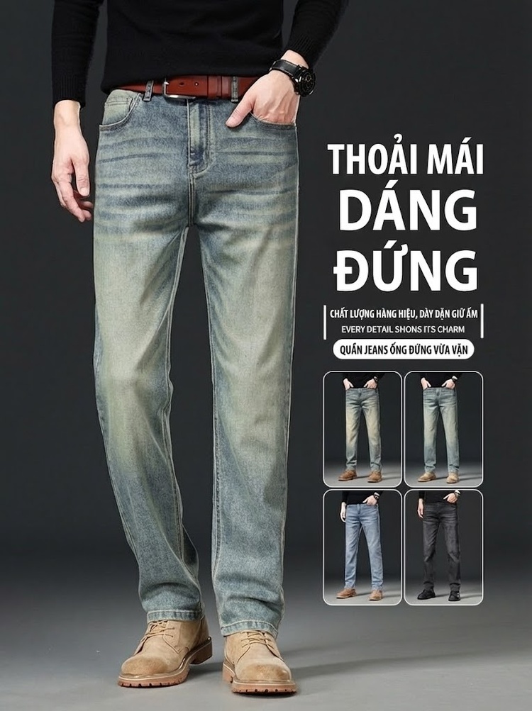 Quần Jean Nam Ống Đứng Dáng Rộng Co Giãn Thoải Mái Phong Cách Trung Niên Màu Xanh Dương, Xám