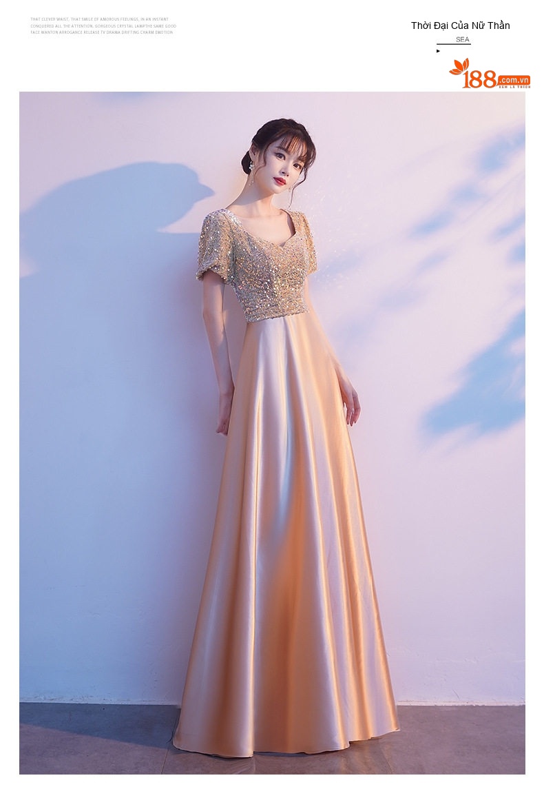 Váy Dạ Hội Nữ Dáng Dài Đính Kim Sa Màu Champagne chi tiết 8