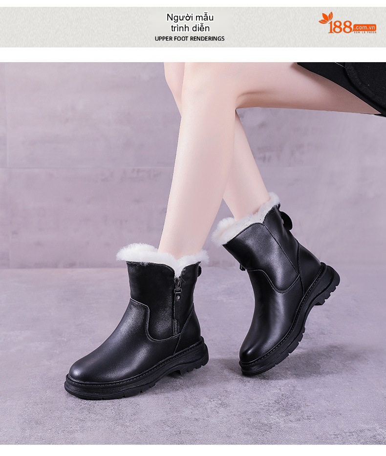 Boot Nữ Da Bóng Lót Lông Cừu Giữ Ấm Mùa Đông Chiều Cao Đế Khoảng 4cm Màu Đen chi tiết 11