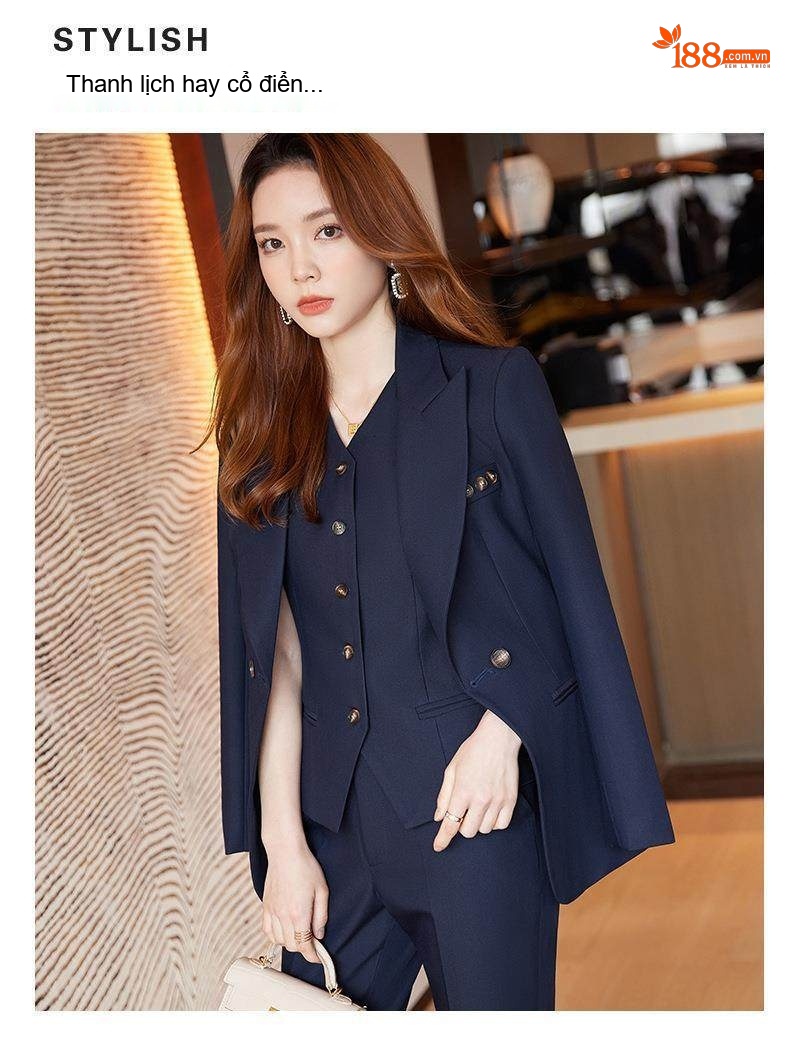 Bộ Vest Công Sở Nữ 3 Món Áo Khoác, Áo Gile, Quần Dài Màu Hồng, Kem, Xanh Navy chi tiết 8