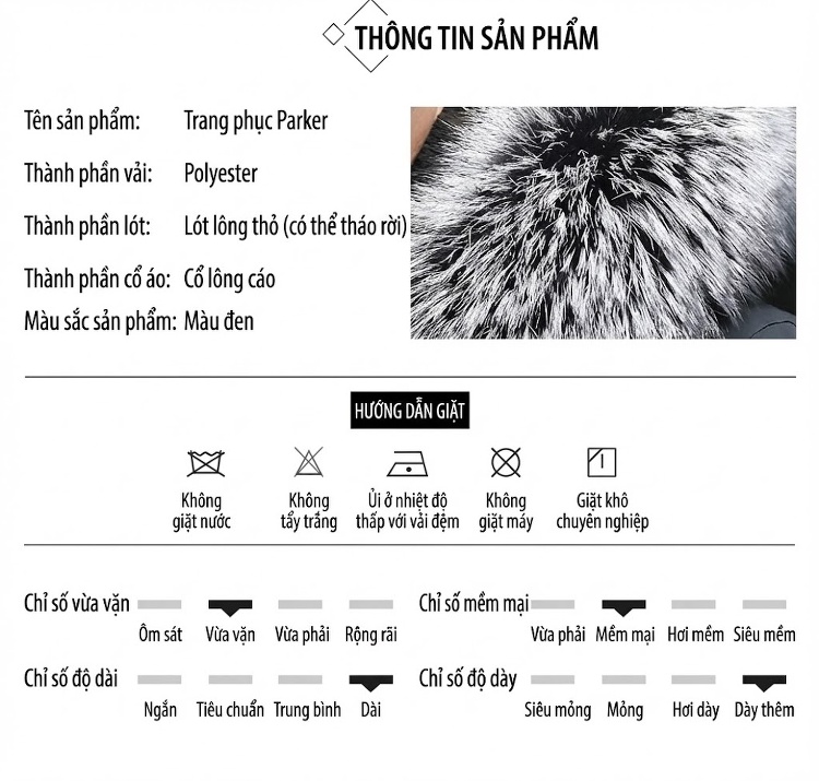 Áo Parka Nam Dáng Dài Lót Lông Thỏ Cổ Lông Cáo Màu Đen chi tiết 6