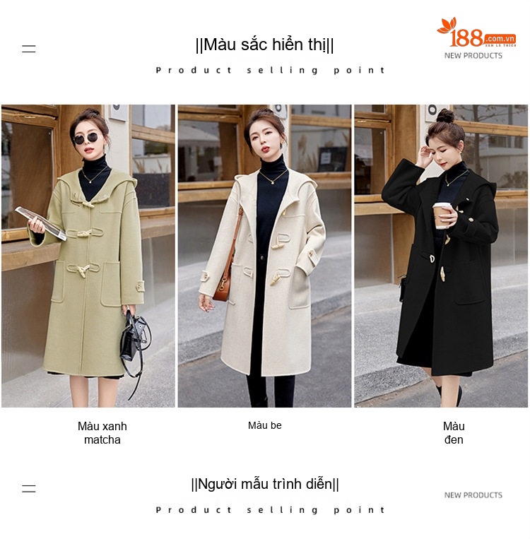 Áo Khoác Dạ Nữ Dáng Dài Vừa Lông Cừu Hai Mặt Khuy Sừng Phong Cách Văn Nghệ Màu Đen, Kem, Xanh chi tiết 11