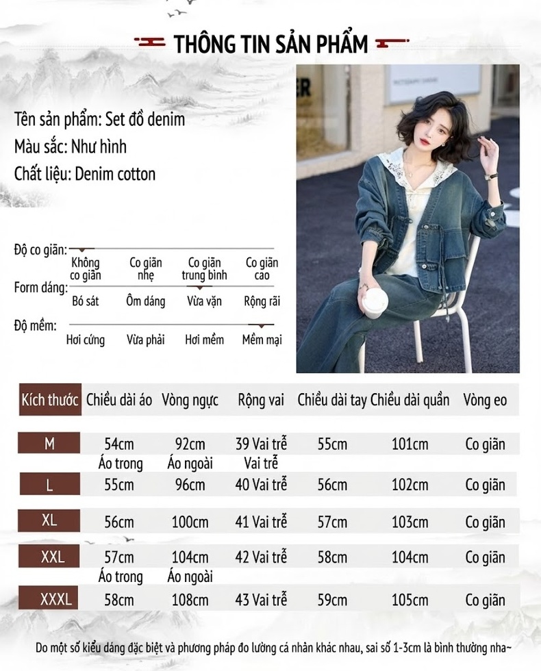 Set Bộ Quần Áo Nữ Phong Cách Trung Hoa Áo Khoác Lửng Quần Ống Rộng Jeans Xanh chi tiết 7
