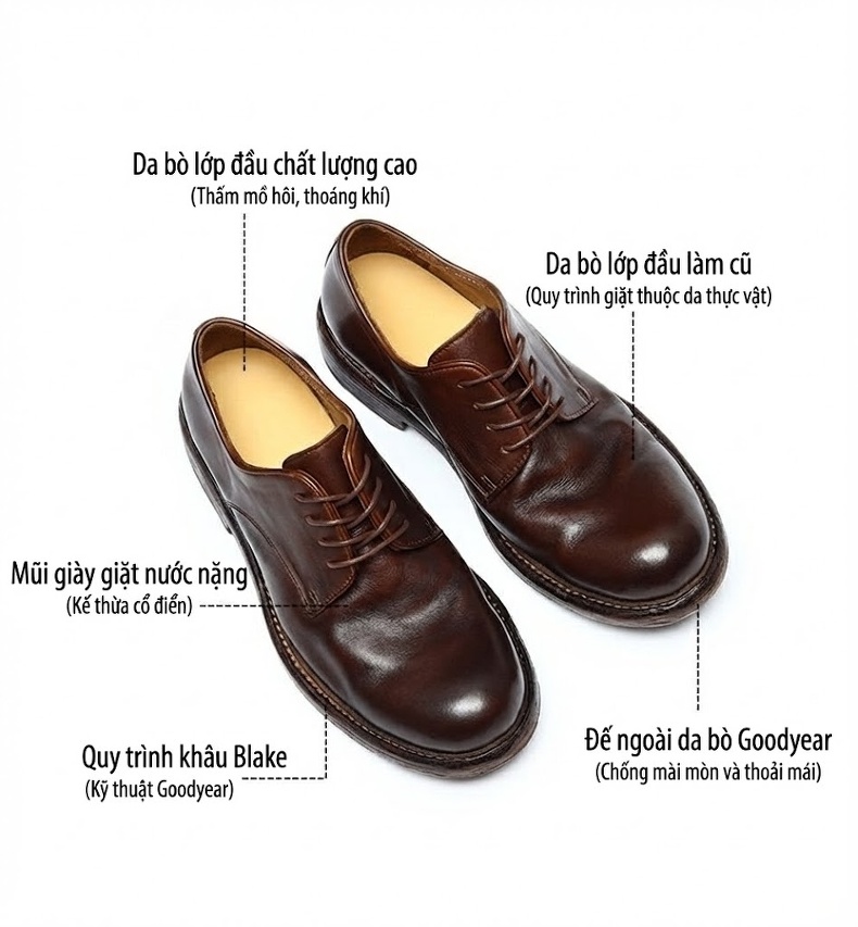 Giày Tây Buộc Dây Nam Da Thật Đế Da Chiều Cao Đế Khoảng 3cm Màu Nâu chi tiết 3