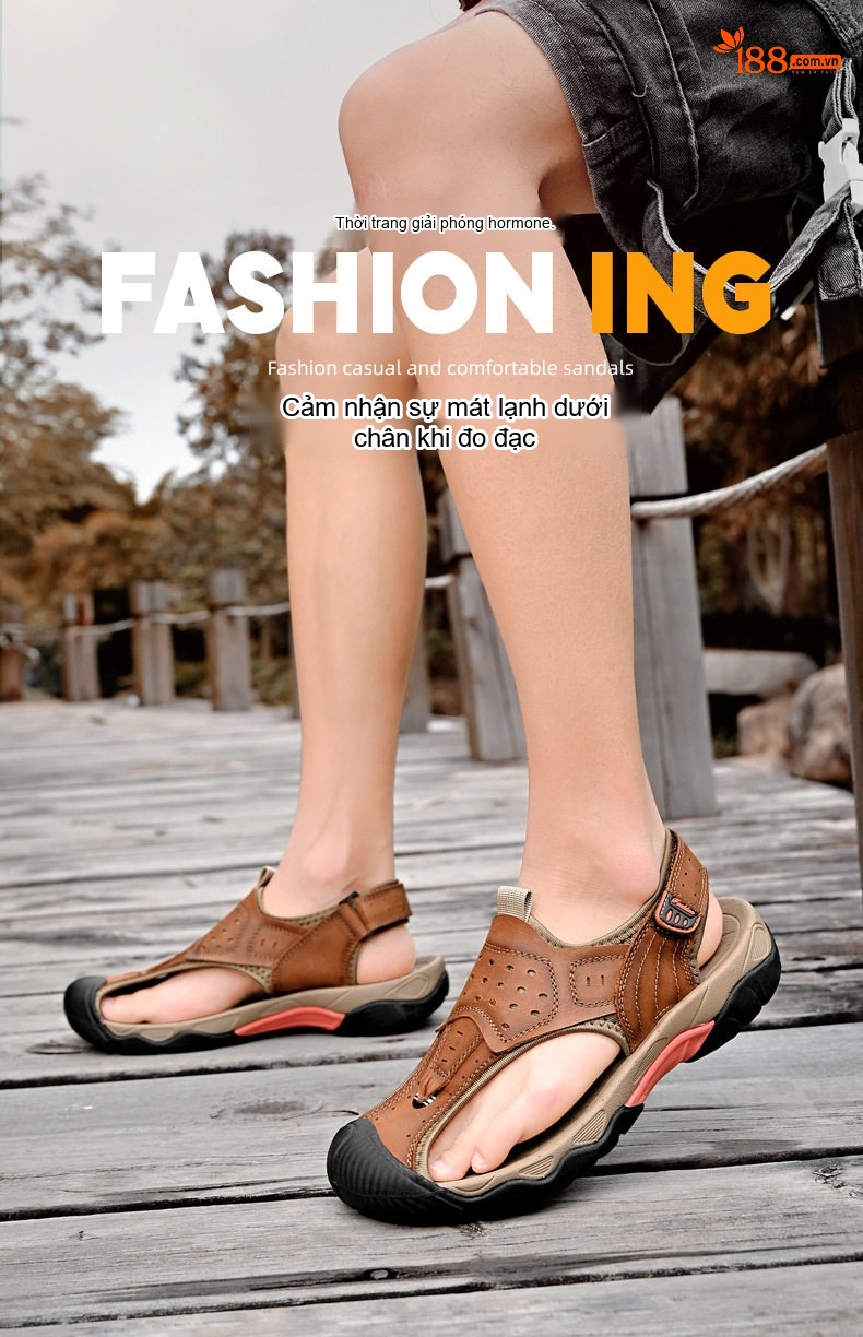 Dép Sandal Nam Da Thật Bít Mũi Thoáng Khí Chiều Cao Đế Khoảng 3cm Màu Nâu, Xám, Đen chi tiết 1
