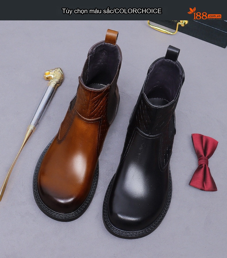 Giày Chelsea Boot Nam Da Bò Dập Vân Chiều Cao Đế Khoảng 3cm Màu Đen, Nâu chi tiết 2