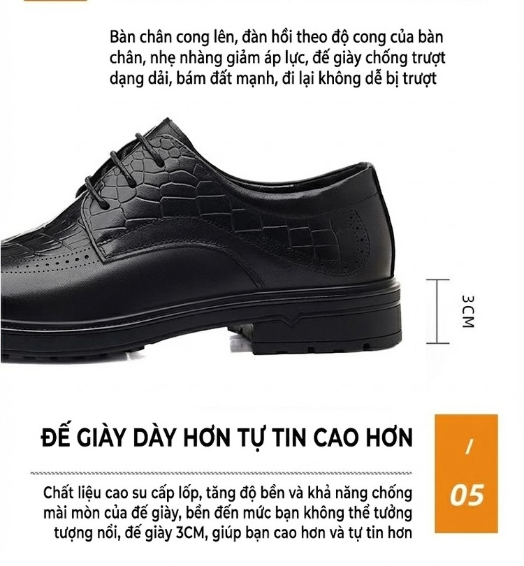 Giày Tây Buộc Dây Nam Da Bò, Kiểu dáng Brogue, Chiều Cao Đế Khoảng 3cm Màu Nâu, Đen chi tiết 16