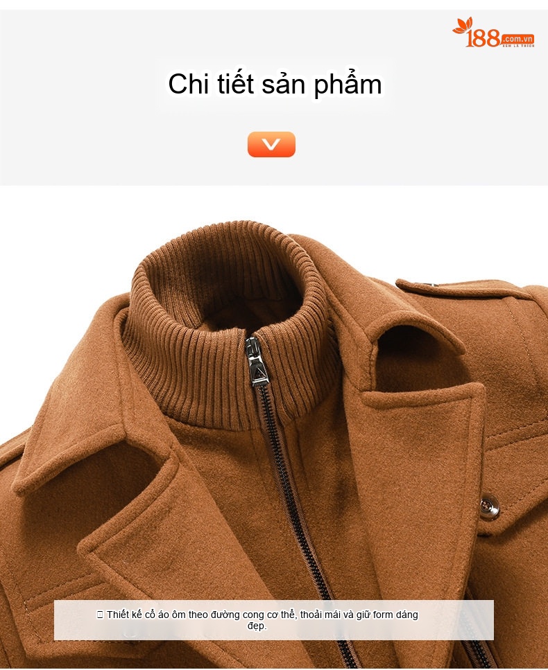 Áo Khoác Dạ Nam Lông Cừu Hai Cổ Áo Dáng Ôm Chống Lạnh Màu Đen, Nâu, Xám, Xanh Navy chi tiết 25