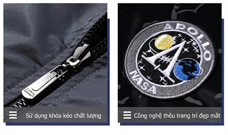 Áo Khoác Bomber Nam Nữ Dáng Rộng Hai Mặt Mặc Thu Đông Phong Cách Phi Công NASA Màu Xám, Xanh Navy, Xanh Lá, Đen... chi tiết 11