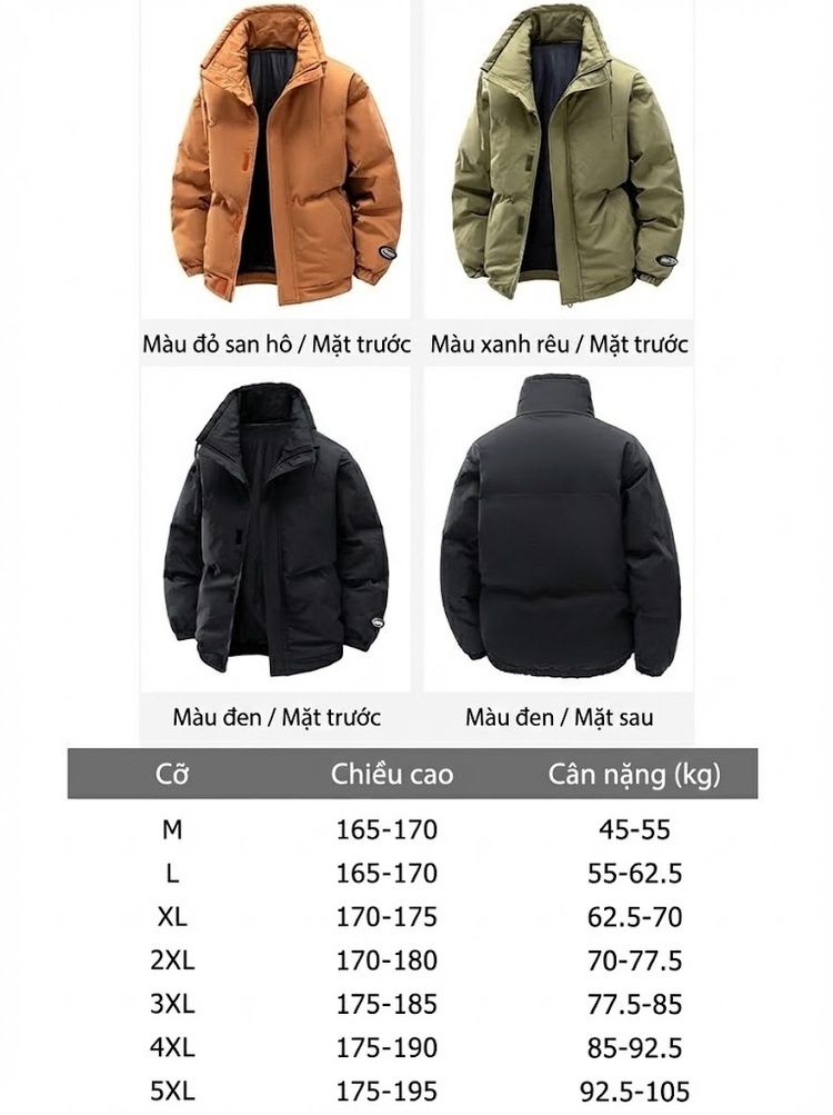 Áo Khoác Cotton Nam Nữ Cổ Trụ Dáng Rộng Phong Cách Hàn Quốc Màu Xanh Rêu, Đỏ San Hô, Đen