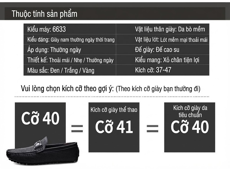Giày Lười Nam Da Mềm Thoáng Khí Chiều Cao Đế Khoảng 2cm Màu Trắng, Vàng, Đen chi tiết 1