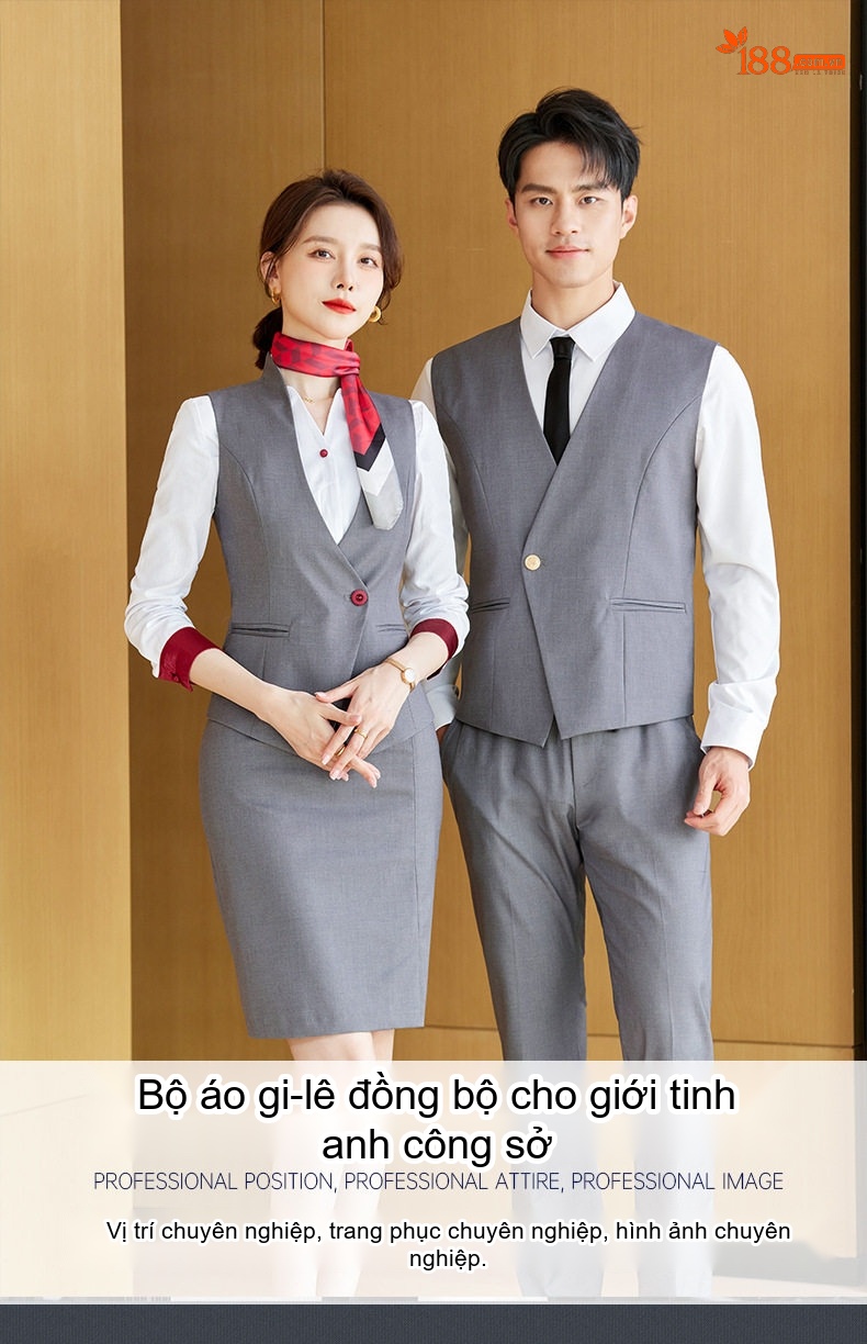 Bộ Vest Công Sở Nam Nữ Áo Ghile Quần Dài Công Nhân Lễ Tân Khách Sạn Màu Xám, Xanh Navy, Đỏ chi tiết 2