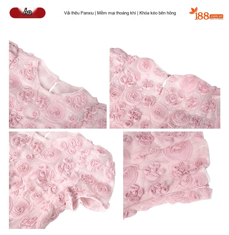 Áo Thun Nữ Tay Phồng Đính Hoa 3D Phong Cách Pháp Màu Hồng chi tiết 4