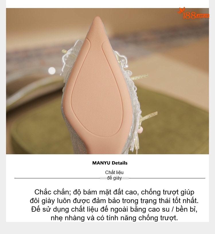 Giày Cao Gót Nữ Da Cừu Chiều Cao Đế Khoảng 8cm Đính Ren, Hoa, Ngọc Trai Màu Trắng chi tiết 10