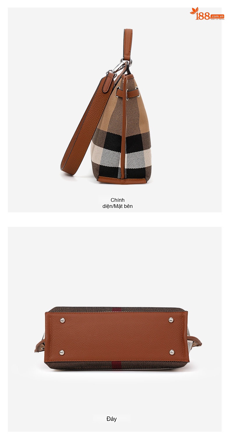 Túi Tote Nữ Vải Canvas Phối Da Bò Họa Tiết Kẻ Sọc Lớn Đựng Vừa A4 Màu Nâu chi tiết 10