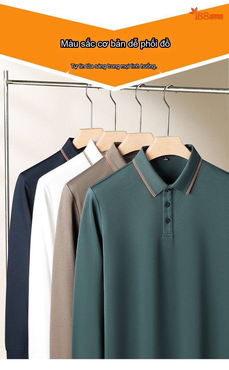Áo Polo Nam Dài Tay 【含桑蚕丝】Cotton Cổ Bẻ Màu Trắng, Đen, Xanh, Nâu... chi tiết 9