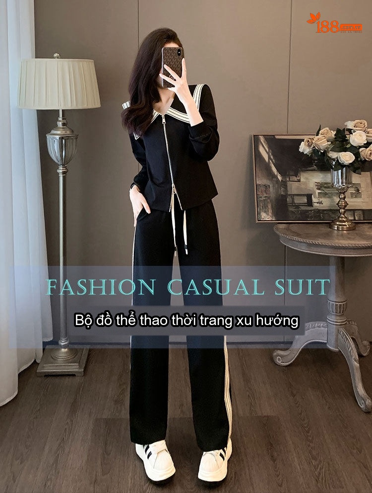 Bộ Đồ Nữ Áo Khoác Dáng Rộng Quần Ống Rộng Dây Rút Thể Thao Phong Cách Thời Trang Màu Đen chi tiết 1