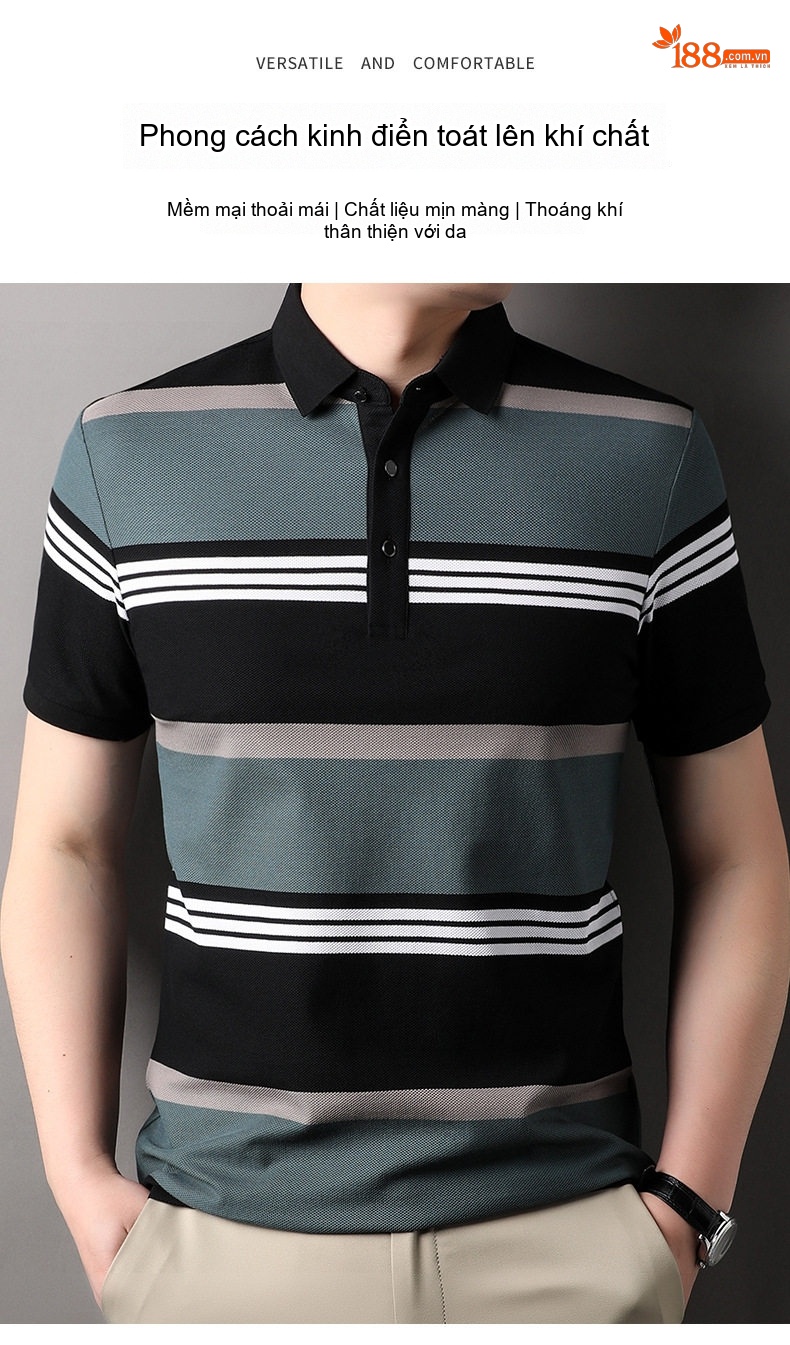 Áo Polo Nam Tay Ngắn Cotton Kẻ Sọc Thời Trang Màu Đen, Nâu, Xám, Trắng chi tiết 1