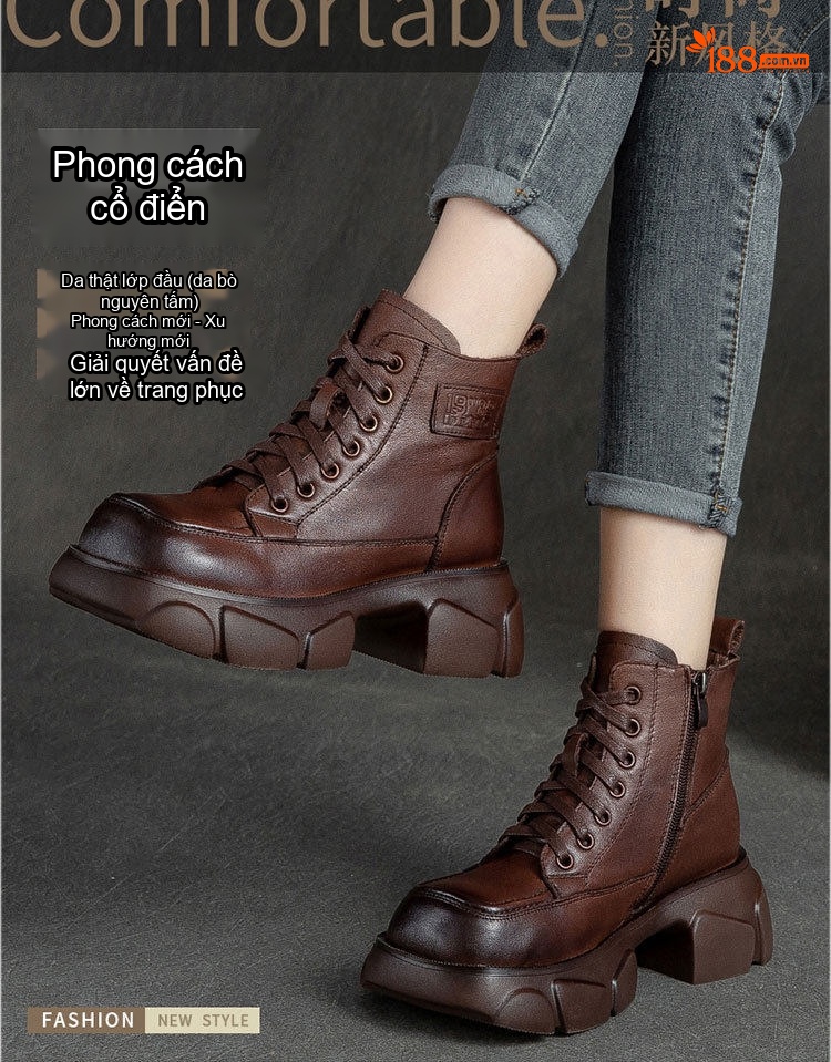 Boot Martin Nữ Da Bò Cổ Cao Đế Bánh Mì Chiều Cao Đế Khoảng 6cm Màu Đen, Nâu chi tiết 1