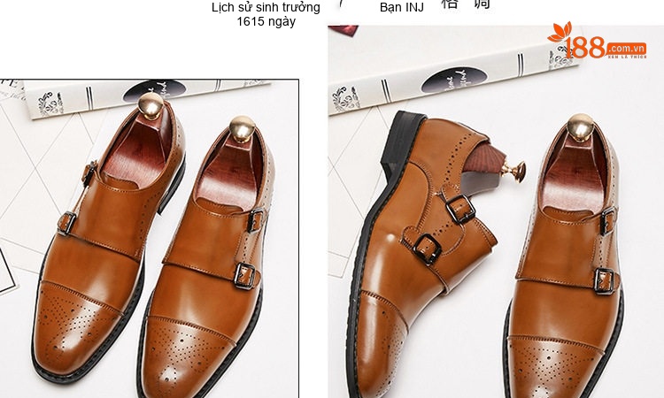 Giày Tây Monk Strap Nam Da Bóng Brogue Chiều Cao Đế Khoảng 3cm Màu Đen chi tiết 18