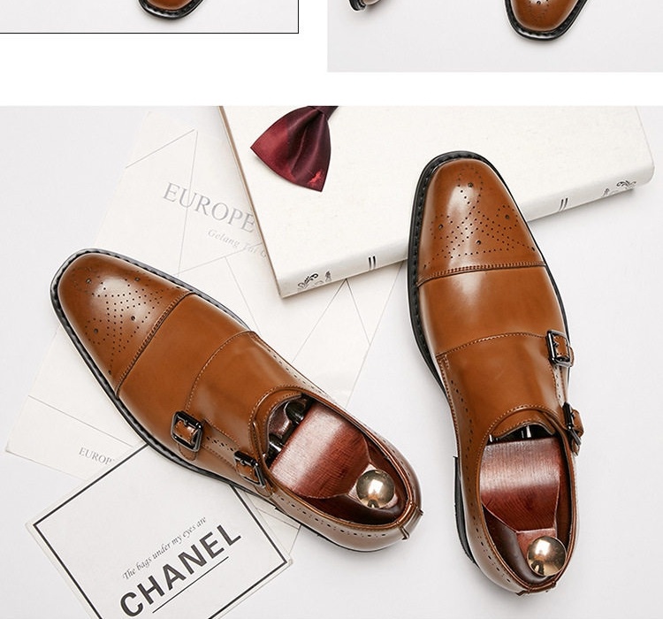 Giày Tây Monk Strap Nam Da Bóng Brogue Chiều Cao Đế Khoảng 3cm Màu Đen chi tiết 19