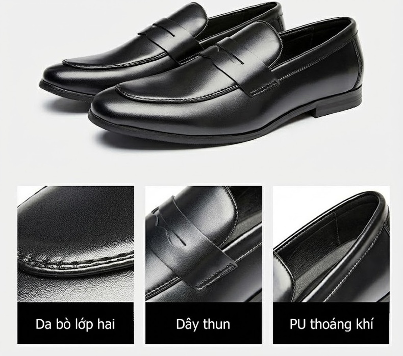Giày Lười Nam Da Thật Chiều Cao Đế Khoảng 2cm Phong Cách Anh Quốc Màu Đen, Nâu, Xám chi tiết 4
