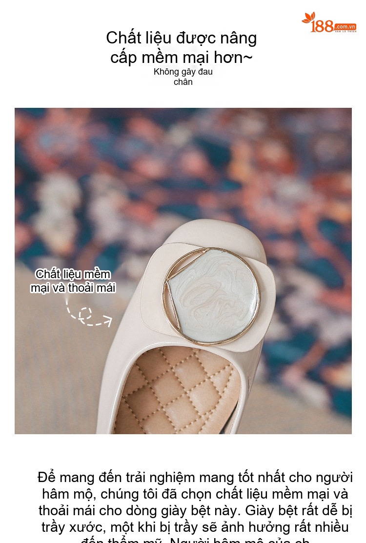 Giày Búp Bê Nữ Da Thật Phom Tiểu Thư Chiều Cao Đế Khoảng 2cm Màu Đen, Kem chi tiết 3