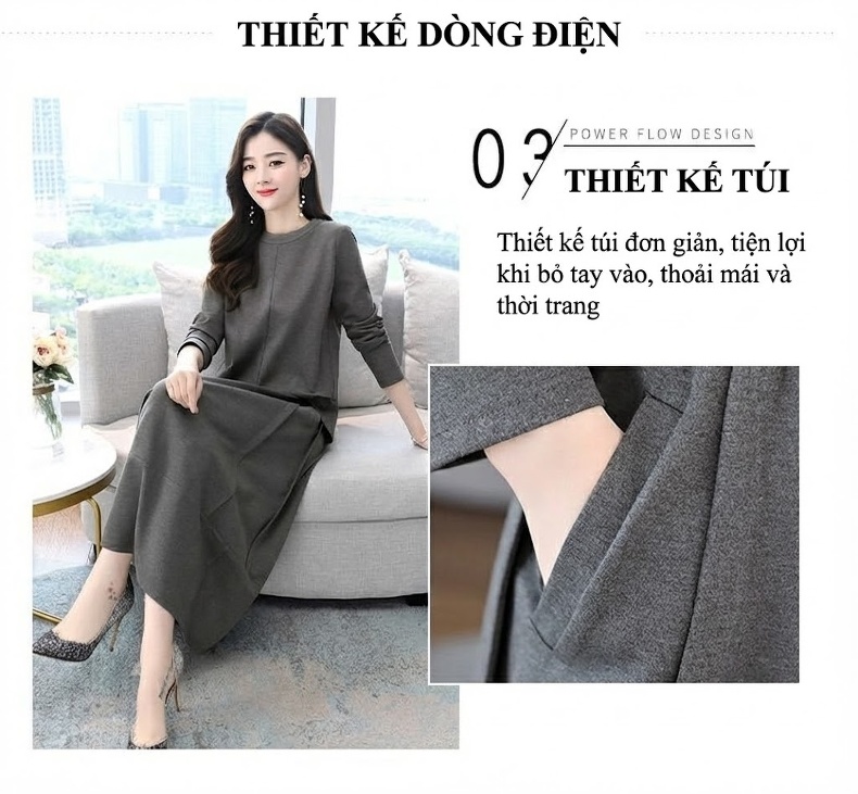 Váy Dài Tay Nữ Bộ Hai Món Phong Cách Quý Cô Màu Xám, Nâu, Đen, Xanh Navy chi tiết 10