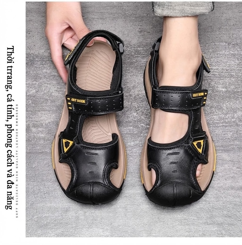 Dép Sandal Nam Da Thật Quai Dán Đế Cao Su Chống Trượt Bít Mũi Đi Biển, Đi Phượt (đế cao 3 cm) chi tiết 19