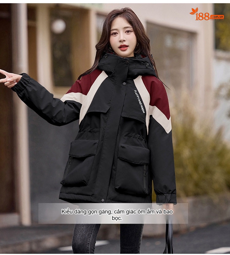 Áo Khoác Phao Nữ Dáng Dài Vừa Người Kiểu Parka Công Sở Lót Lông Vịt Màu Kem, Đỏ, Đen chi tiết 5