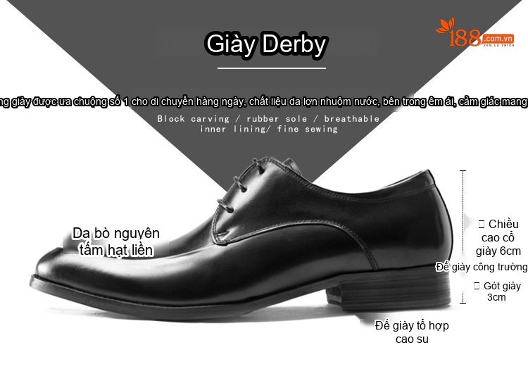 Giày Tây Buộc Dây Nam Da Bò Mũi Nhọn Chiều Cao Đế Khoảng 3cm Màu Đen, Nâu Đỏ chi tiết 2