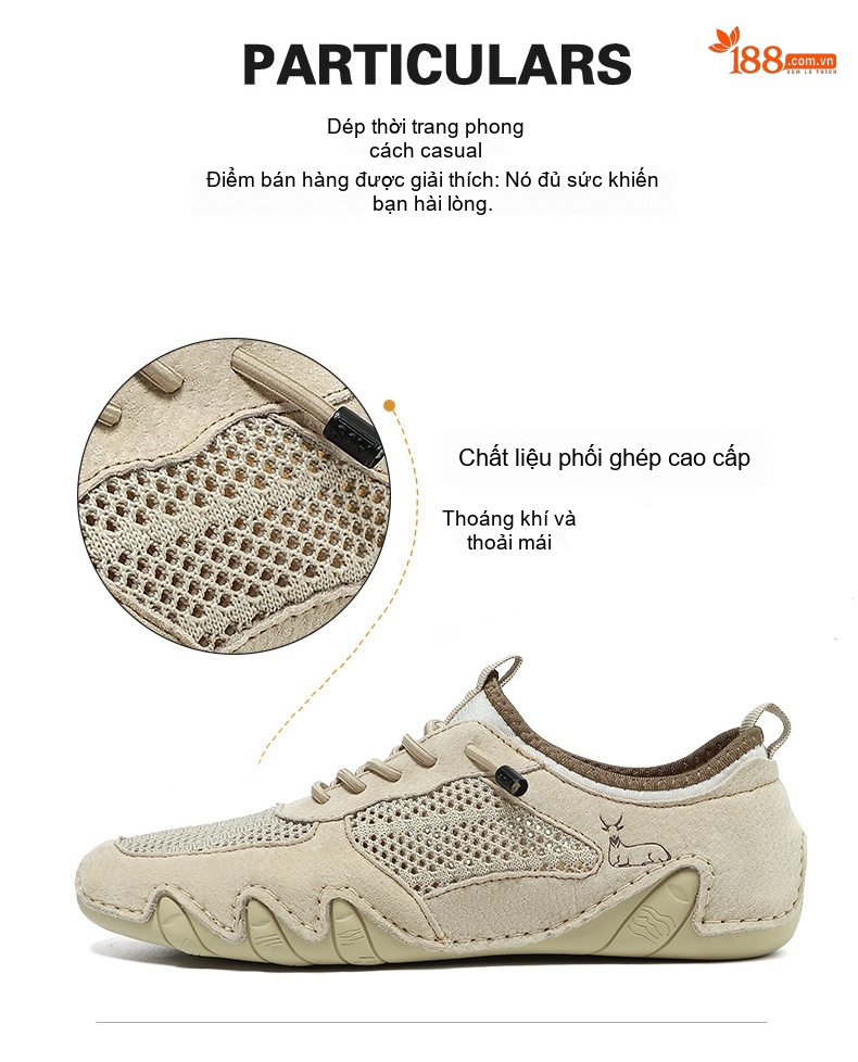 Giày Thể Thao Nam Khâu Viền Da Thật Lưới Thoáng Khí Chiều Cao Đế Khoảng 3cm Màu Nâu, Xám, Kem... chi tiết 7