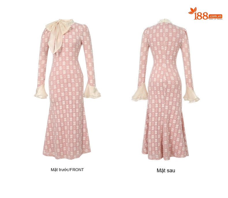 Váy Đầm Dài Tay Nữ Dáng Ôm Eo Thiết Kế Nơ Bướm Phong Cách Ngọt Ngào Màu Hồng chi tiết 5