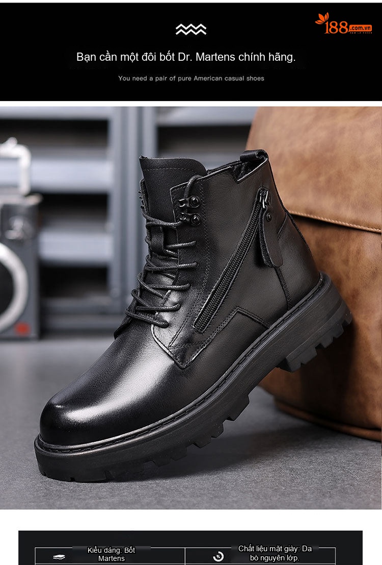 Boot Martin Nam Da Thật Lót Lông Cao Cổ Giữ Ấm Chiều Cao Đế Khoảng 4cm Màu Đen chi tiết 5