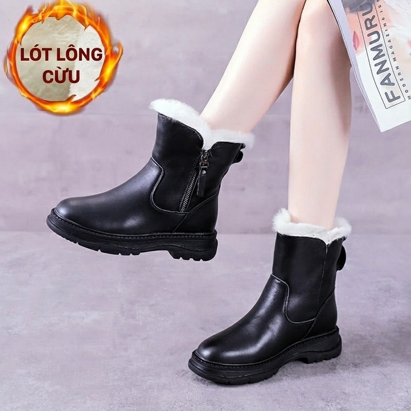 Boot Nữ Da Bóng Lót Lông Cừu Giữ Ấm Mùa Đông Chiều Cao Đế Khoảng 4cm Màu Đen
