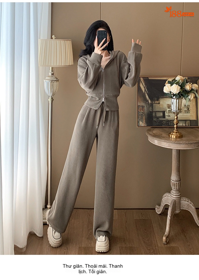 Bộ đồ nữ áo khoác ngắn có mũ quần ống rộng dệt kim chi tiết 15