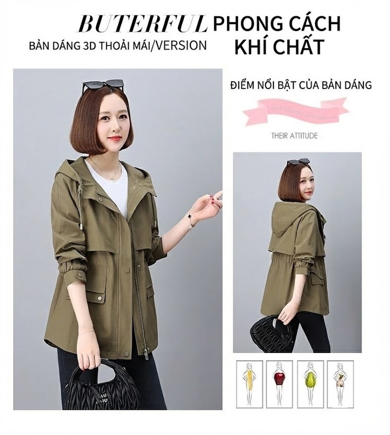 Áo Khoác Gió Nữ Dáng Ngắn Có Mũ Trùm Đầu Dây Rút Màu Xanh Olive chi tiết 4