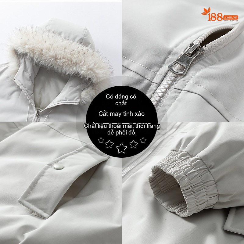 Áo Khoác Parka Nam Nữ Cotton Lót Lông Cừu Giả Cổ Điển Mũ Trùm Đầu Màu Xám, Đen, Trắng, Xanh...