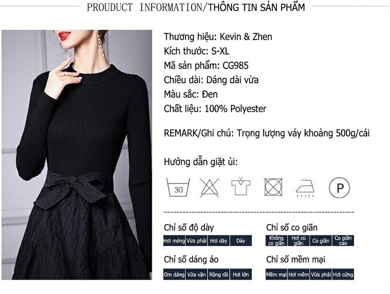 Váy Đầm Dệt Kim Tay Dài Trung Niên Pháp dáng chữ A Màu Đen chi tiết 19