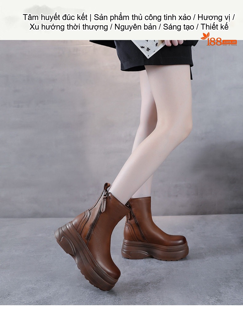 Boot Martin Nữ Da Bò Đế Dày Hai Khóa Kéo Phong Cách Anh Chiều Cao Đế Khoảng 5cm Màu Đen, Nâu chi tiết 1