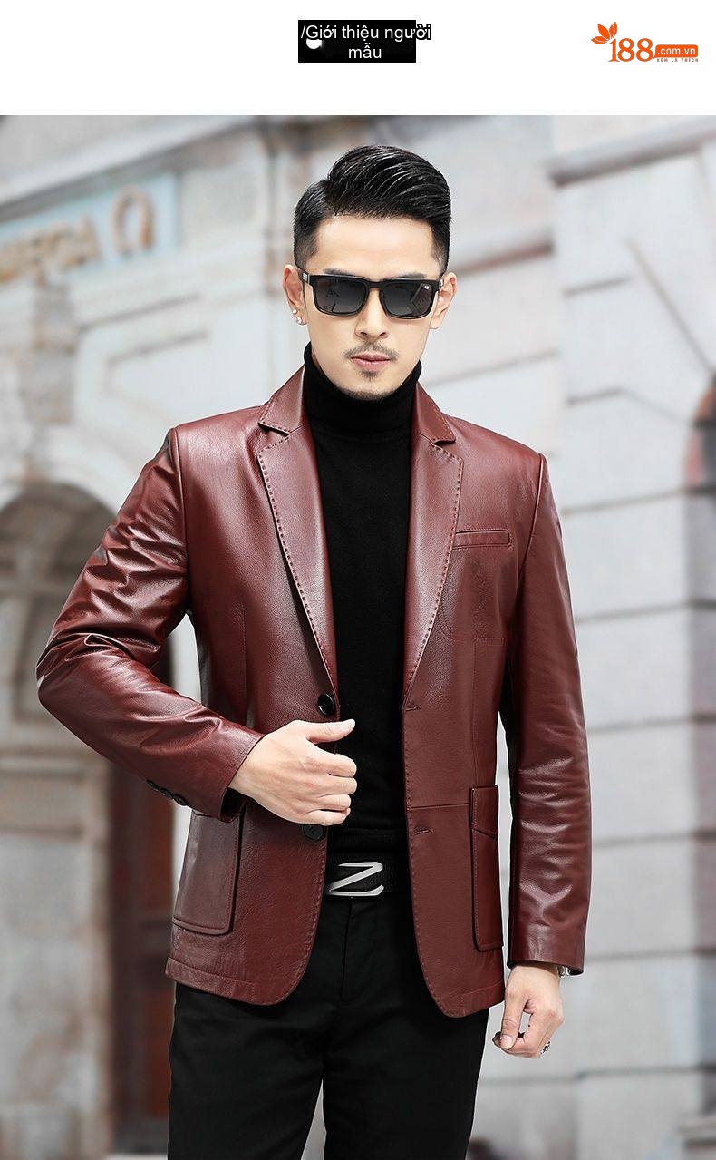 Áo Khoác Blazer Da Bò Nam Dáng Ôm Phong Cách Doanh Nhân Màu Đỏ Rượu Vang, Đen chi tiết 8