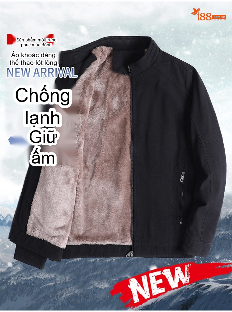 Áo Khoác Nam Cotton Dáng Ôm Lót Lông Dày Dặn Màu Đen, Đỏ, Xanh Rêu, Vàng Be chi tiết 1