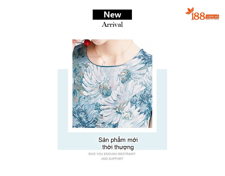 Váy liền thân Nữ Jacquard Phong Cách Cổ Điển Tay Lửng Không Tay Màu Xanh, Trắng chi tiết 1