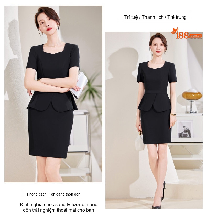 Bộ Vest Công Sở Nữ Tay Ngắn Quần/Chân Váy Áo Peplum Màu Đen, Xanh Navy chi tiết 17
