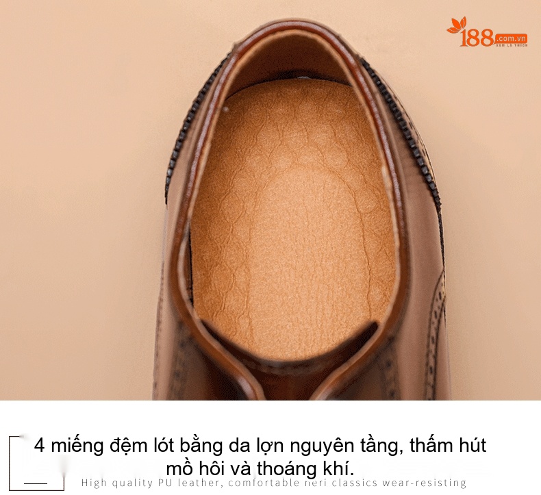 Giày Tây Buộc Dây Nam Da Thật Mũi Brogue Chiều Cao Đế Khoảng 3cm Màu Nâu chi tiết 7