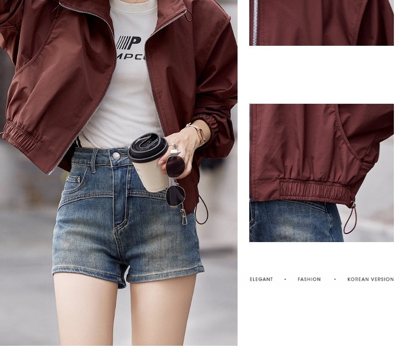 Áo Khoác Bomber Nữ Dáng Ngắn Cổ Trụ Màu Đỏ, Đen, Kem chi tiết 5